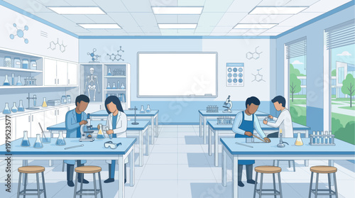 Diverse students wearing lab coats and aprons conduct experiments with beakers and microscopes in a bright, modern science classroom filled with scientific diagrams.