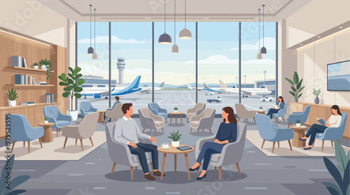 People relax in a modern airport lounge with large windows overlooking the tarmac and airplanes, creating a serene travel atmosphere.