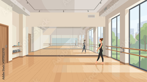 A woman practices ballet in a bright dance studio with large mirrors and a barre, featuring polished wooden floors and large windows overlooking greenery.