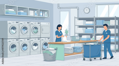 A female attendant folds laundry while a male attendant pushes a cart in a bright, organized laundry room filled with washing machines and neatly stacked linens.