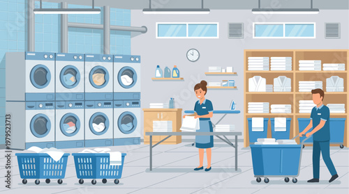 A cheerful woman folds laundry while a man pushes a cart in a brightly lit commercial laundry facility with stacks of clean towels and robes.
