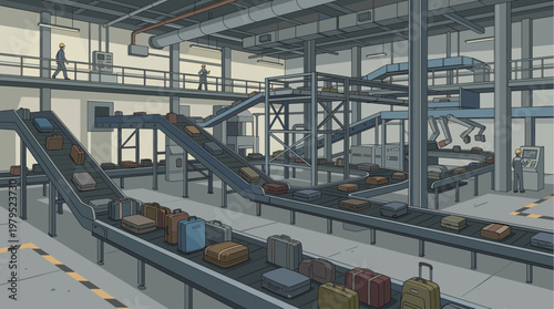 Animated style illustration of a modern factory facility with multiple conveyor belts moving luggage, overseen by workers and robotic arms.