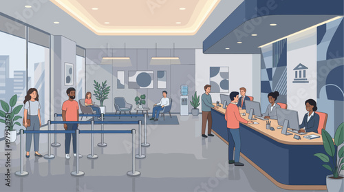 Diverse customers queue inside a modern bank lobby, interacting with smiling tellers at the counter, conveying a professional and welcoming atmosphere for financial transactions.