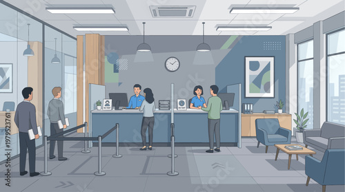 A diverse group of people are interacting with customer service representatives at a modern office counter, with a waiting area and city views in the background.