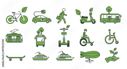 Green Transportation Icons Set Eco Friendly Vehicles.