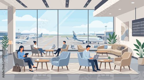 Diverse group of people using laptops, reading, and sitting in a modern airport lounge with large windows overlooking the tarmac and airplanes.