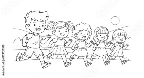 Group of Diverse Children Running Together Happily.