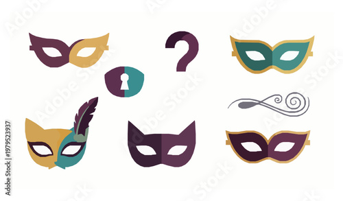 Modern masquerade and mystery symbol vector collection on white background