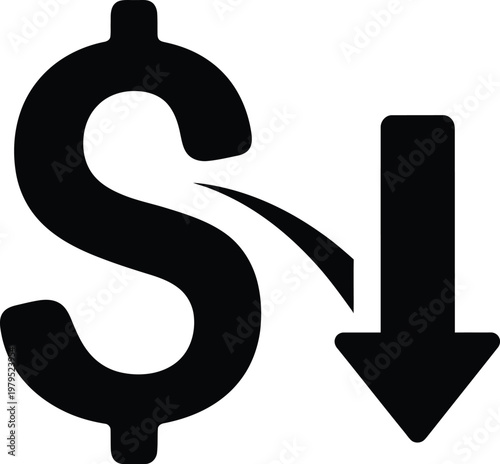 Financial decline, dollar decrease, money down, falling currency, economic downturn vector icon