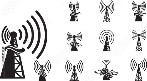 Collection of various radio tower and antenna icons black