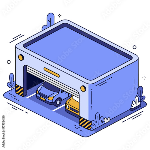 Isometric car garage illustration with blue and yellow cars in modern design. No editable stroke