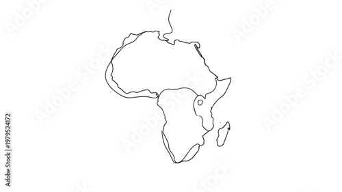 Africa world map sketch with thin black outline showing continent shapes on a white background featuring drawing, line art, geography with