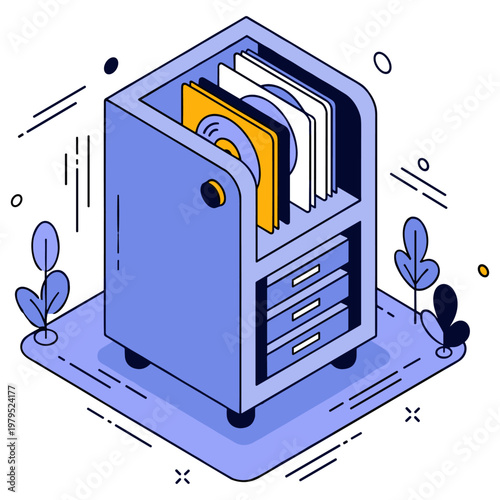 Isometric illustration of a blue filing cabinet with documents and plants. No editable stroke