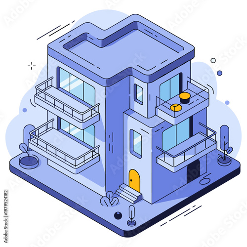 Modern isometric blue house with balconies and abstract design elements. No editable stroke