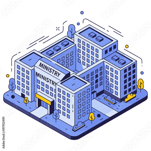 Isometric illustration of a government ministry building complex with blue and yellow accents. No editable stroke