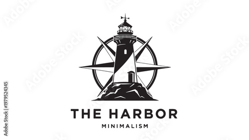 Harbor lighthouse logo with minimalist compass star lines and bold black lettering for marine navigation branding