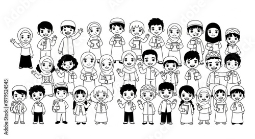 Group of diverse children standing together in a line, smiling and waving.