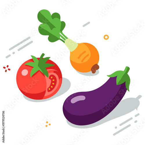 Colorful vegetables: tomato, eggplant, and radish illustration with white background
