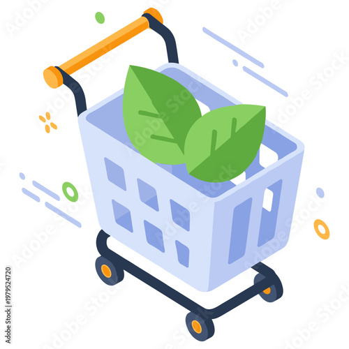 Eco-friendly shopping cart with green leaves in modern design
