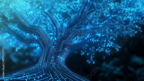 A futuristic digital tree with glowing blue circuits and nodes in a dark background