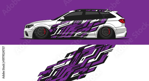 Vibrant purple wrapped race car with bold graphic pattern on sleek body.