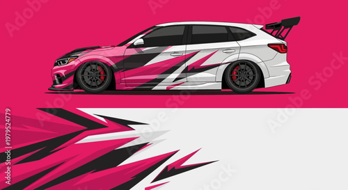 Stylized pink sports car with graphic racing livery, dynamic design and bold stripes on a vibrant background.
