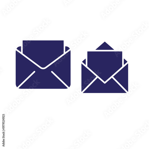 Two dark blue envelopes with white outlines, one sealed and one open sealed envelope open envelope