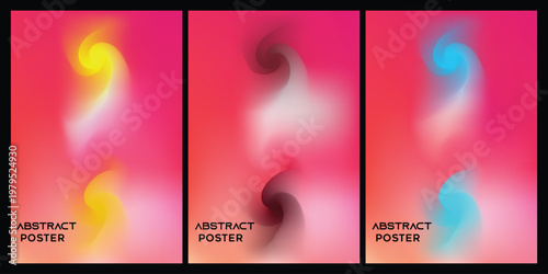 Three abstract posters featuring swirling blurred gradients of pink yellow and blue