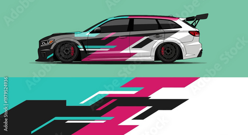 Vibrant dual automotive graphic featuring stylized race cars with bold color blocks and dynamic motion.