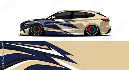 Abstract illustrated sports car profile with bold blue beige design.