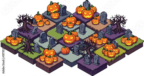 Isometric Halloween game assets, spooky graveyard map tiles with pumpkins and ghosts, cartoon cemetery level design kit, mobile game interface UI vector