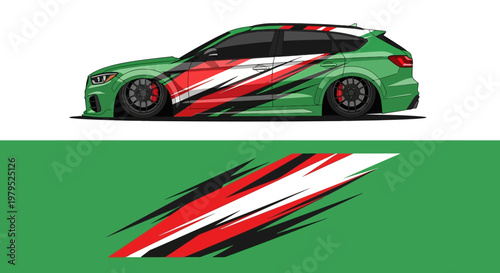 Vibrant green race car with red striped graphics rendered in a dynamic automotive illustration.