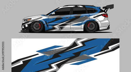 Dynamic blue and white race car illustration with bold graphic design and wrap.