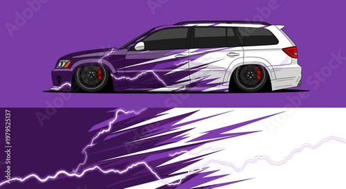 Vibrant purple car with lightning decals in a dynamic futuristic wrap design.