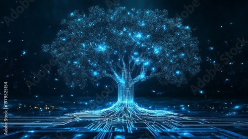 A futuristic digital tree with glowing blue lights and circuits in a dark background