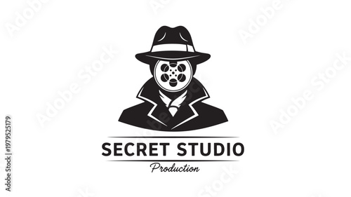 Detective mask icon with fedora and suit silhouette logo for secret studio production branding featuring emblem, disguise, spy with private