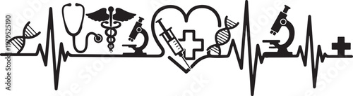 Medical symbols and icons in a heartbeat line style