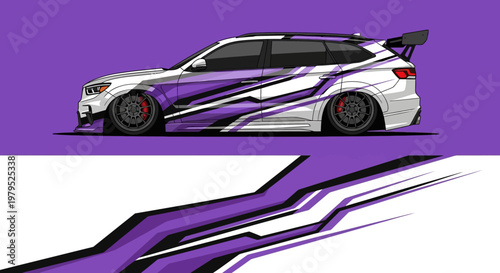 Stylized purple racing car with dynamic white graphics and sleek aerodynamic design.