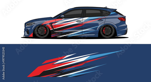 Stylized blue and red race car with dynamic graphics and racing livery.