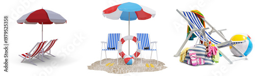 Фотография Summer beach vacation essentials: colorful umbrellas, chairs, lifebuoy, and accessories on transparent background