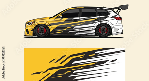 Dynamic yellow racing car with bold graphics on light background, speed lines and stylized tail.