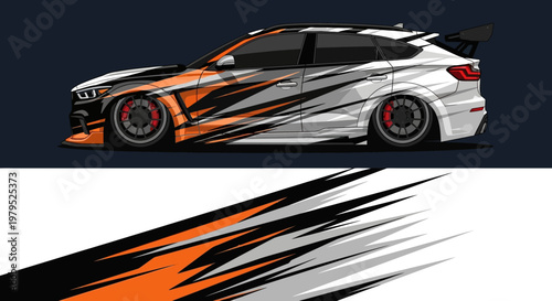 Stylized racing car with bold orange black graphics on a sleek white body.