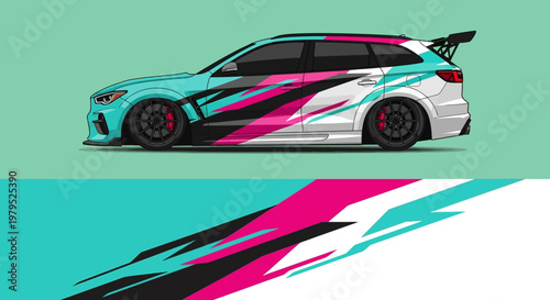 Colorful stylized race car graphic on teal background with bold diagonal paint accents.