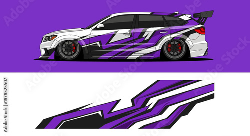Vibrant purple and white race car with bold stylized graphics shown from a side profile.