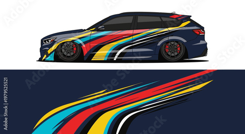 Colorful racing car with bold rainbow stripes and aerodynamic design on track.