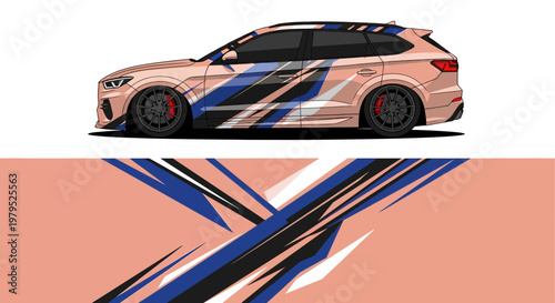 Sleek sports car in Union Jack livery with bold graphic stripes.
