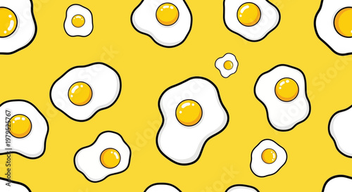 Pattern of fried eggs on a bright yellow background, a playful breakfast themed design.