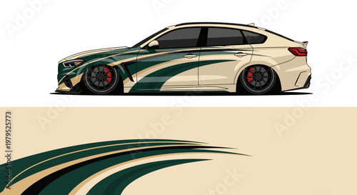 Sleek green and cream race car illustration with flowing livery in side profile.