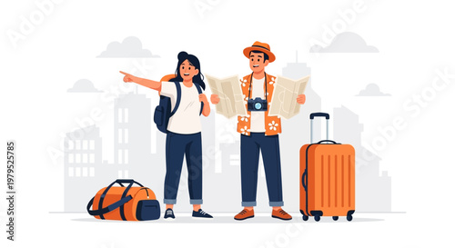 Two travelers with suitcases and backpacks waiting at an airport terminal near a city skyline.