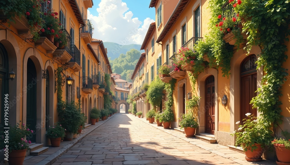 Fototapeta premium Old town street with charming yellow houses, stone pavement, and green plants on balconies. Sun shines on a quiet alleyway, creating a peaceful European atmosphere, perfect for travel blogs.